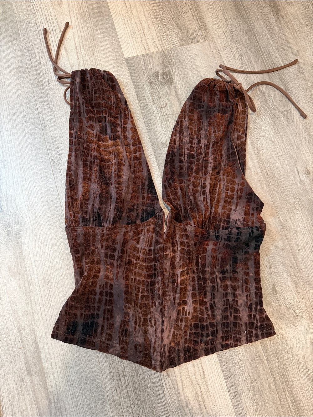 Windsor Brown Croc-Print Velvet V-Neck Crop Top